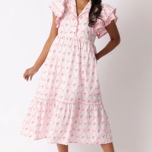 BRUNCH & BEYOND COTTON LIGHT PINK FLORAL MIDI DRESS